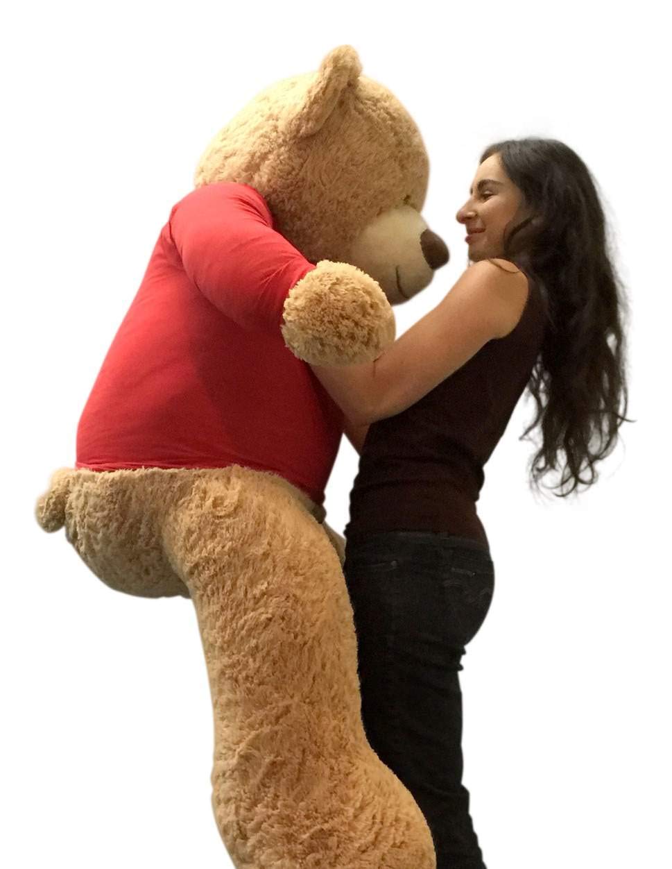 Big Plush 5ft Bear Dressed in Personalized Red Tshirt, Giant 5 Foot Teddy Bear Premium Soft, Customized with Your Message, Unique Impressive Gift for Birthday, Love or Any Event, Hand-Stuffed in USA
