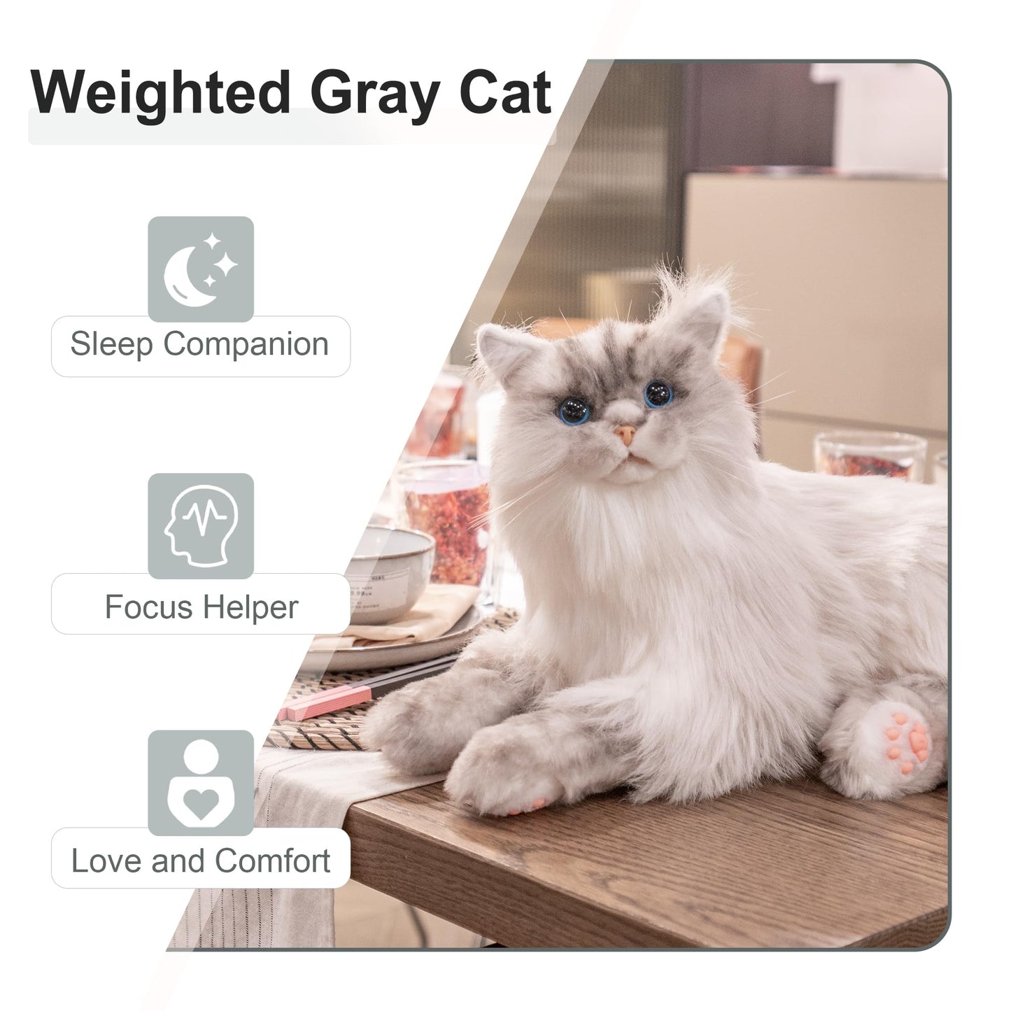 Chongker Weighted Stuffed Animals,Handmade Realistic Cat Plush Toy 3.3LBS,Lifelike Real Cat Size Companion Pet, Grey Cat