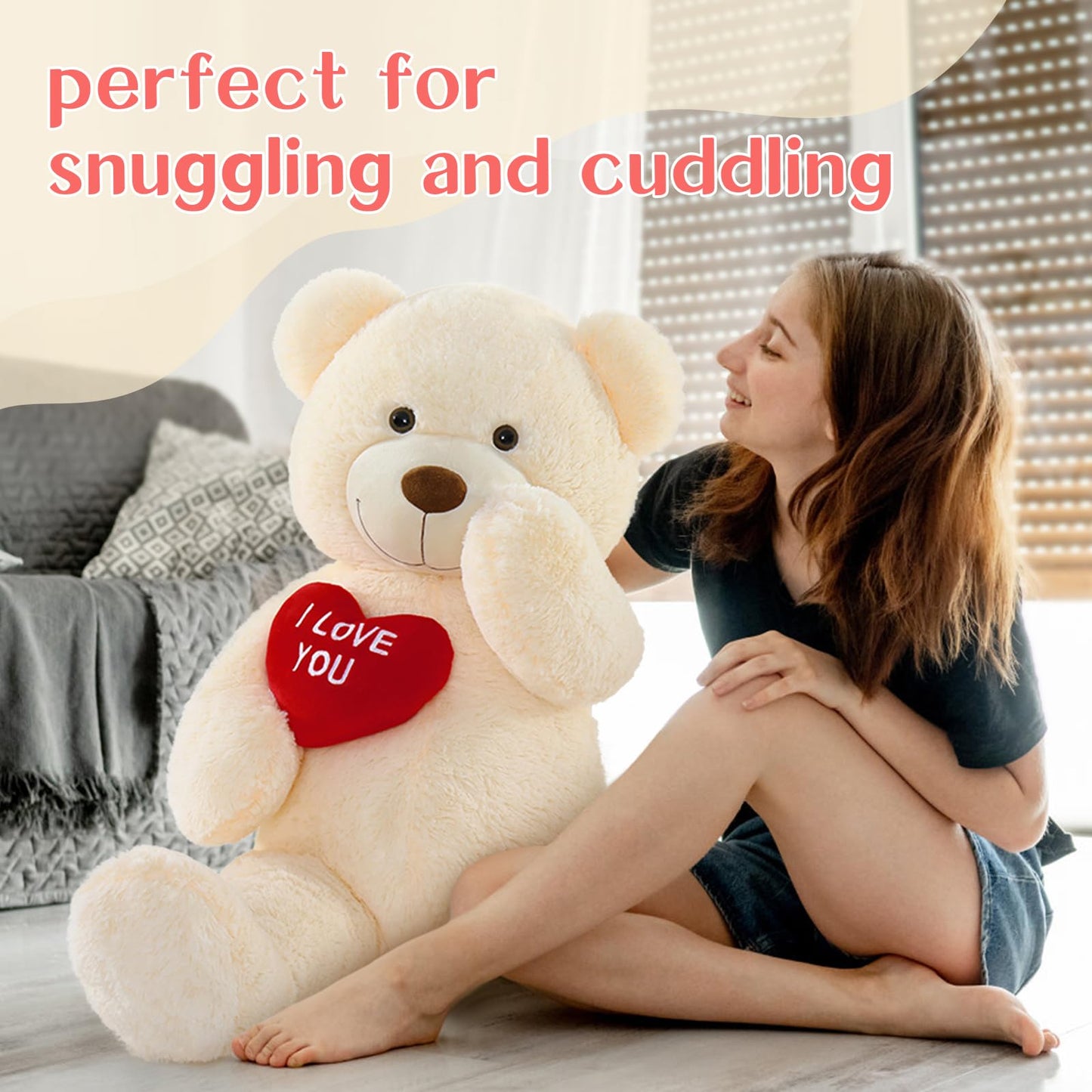 Tezituor Large Teddy Bear Stuffed Animal 5Ft, Big Teddy Bear with Heart, Giant Brown Stuffed Bear Plush Toys for Kids, I Love You Bear Gift for Girlfriend