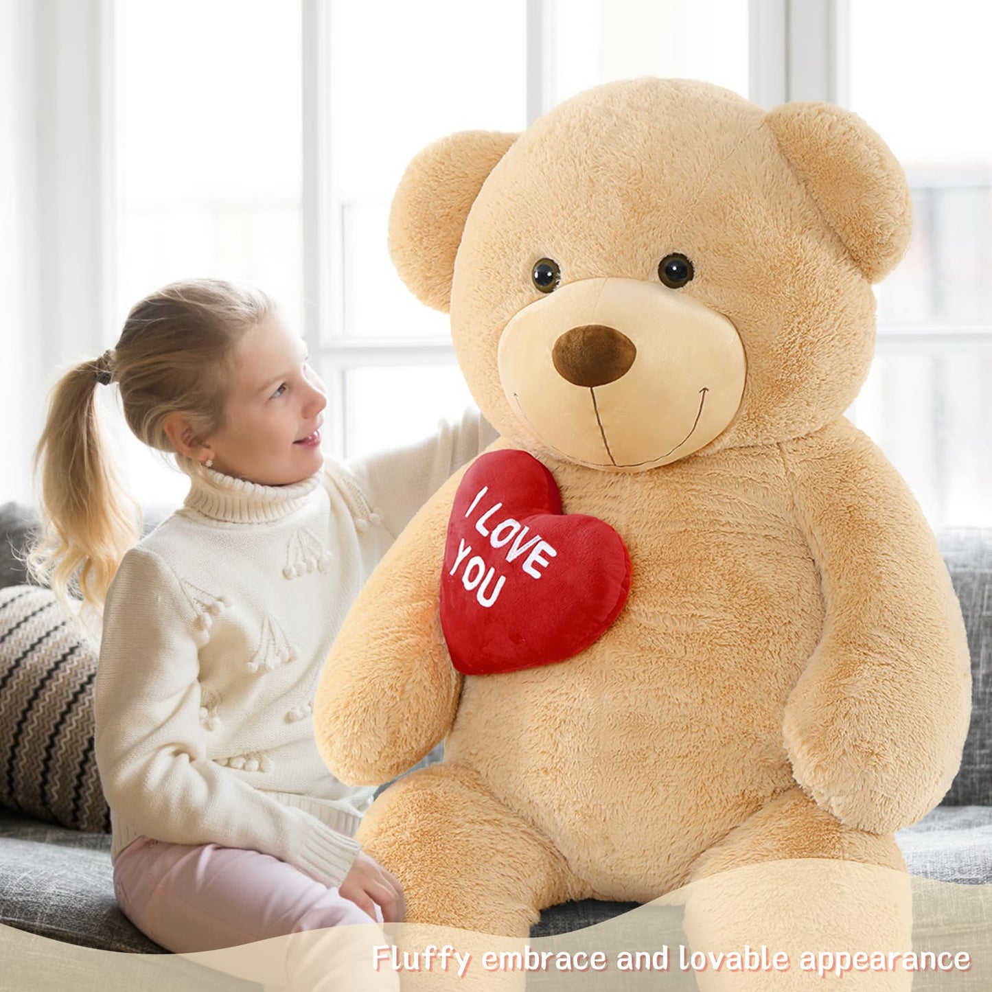 Tezituor Large Teddy Bear Stuffed Animal 5Ft, Big Teddy Bear with Heart, Giant Brown Stuffed Bear Plush Toys for Kids, I Love You Bear Gift for Girlfriend