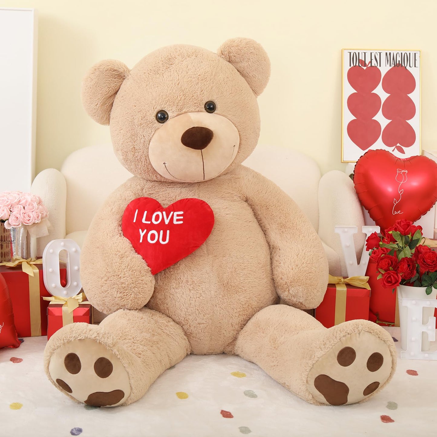 Tezituor Large Teddy Bear Stuffed Animal 5Ft, Big Teddy Bear with Heart, Giant Brown Stuffed Bear Plush Toys for Kids, I Love You Bear Gift for Girlfriend