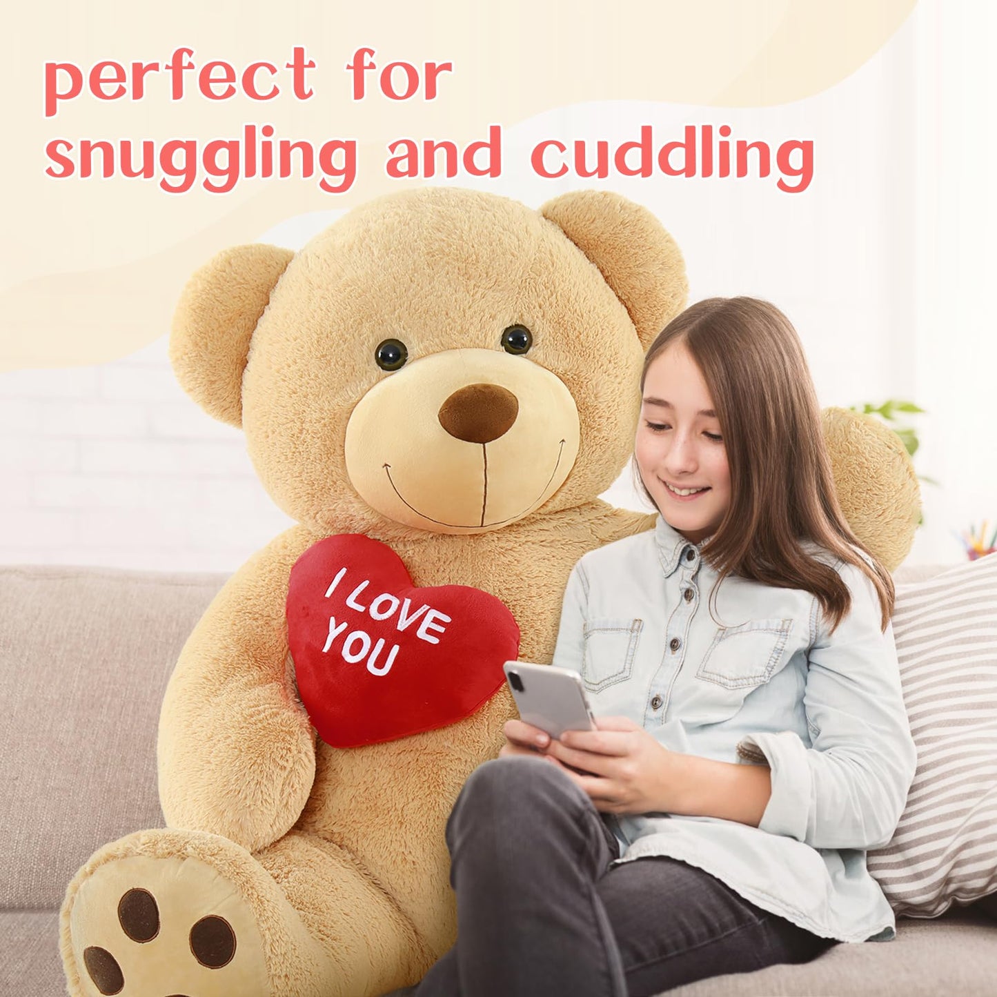 Tezituor Large Teddy Bear Stuffed Animal 5Ft, Big Teddy Bear with Heart, Giant Brown Stuffed Bear Plush Toys for Kids, I Love You Bear Gift for Girlfriend