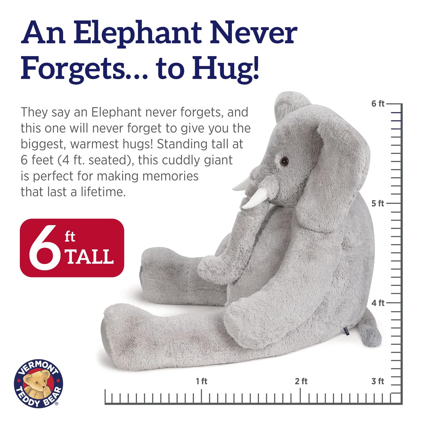Vermont Teddy Bear Giant Elephant Stuffed Animal - Giant Stuffed Animals, 4 Foot, 48", 4 FT