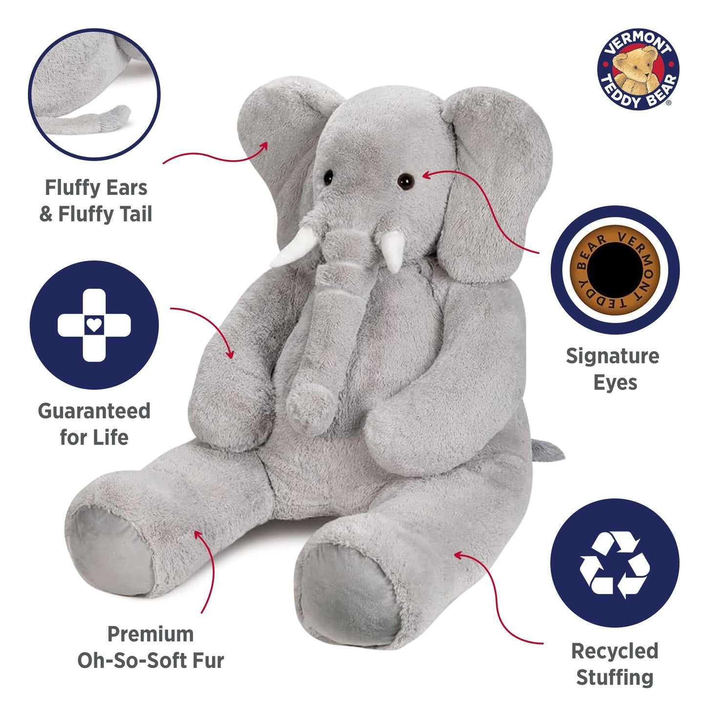 Vermont Teddy Bear Giant Elephant Stuffed Animal - Giant Stuffed Animals, 4 Foot, 48", 4 FT
