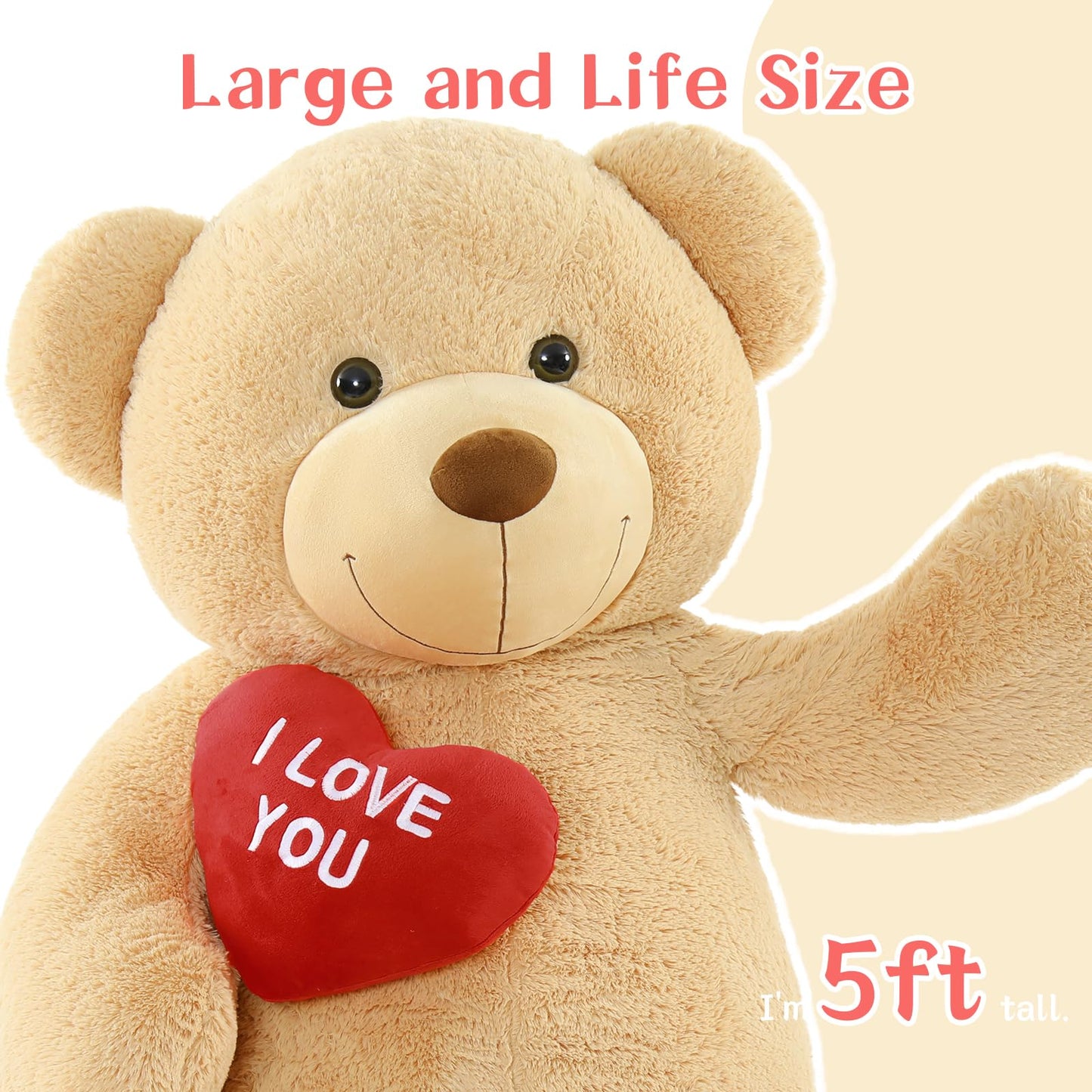 Tezituor Large Teddy Bear Stuffed Animal 5Ft, Big Teddy Bear with Heart, Giant Brown Stuffed Bear Plush Toys for Kids, I Love You Bear Gift for Girlfriend