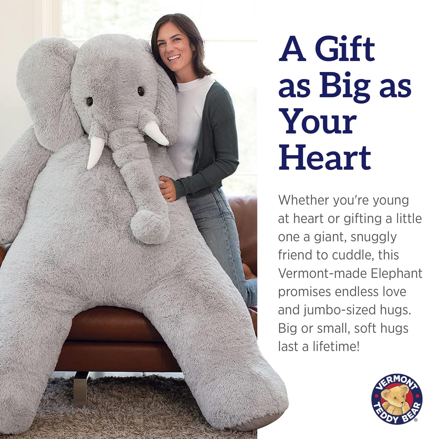 Vermont Teddy Bear Giant Elephant Stuffed Animal - Giant Stuffed Animals, 4 Foot, 48", 4 FT