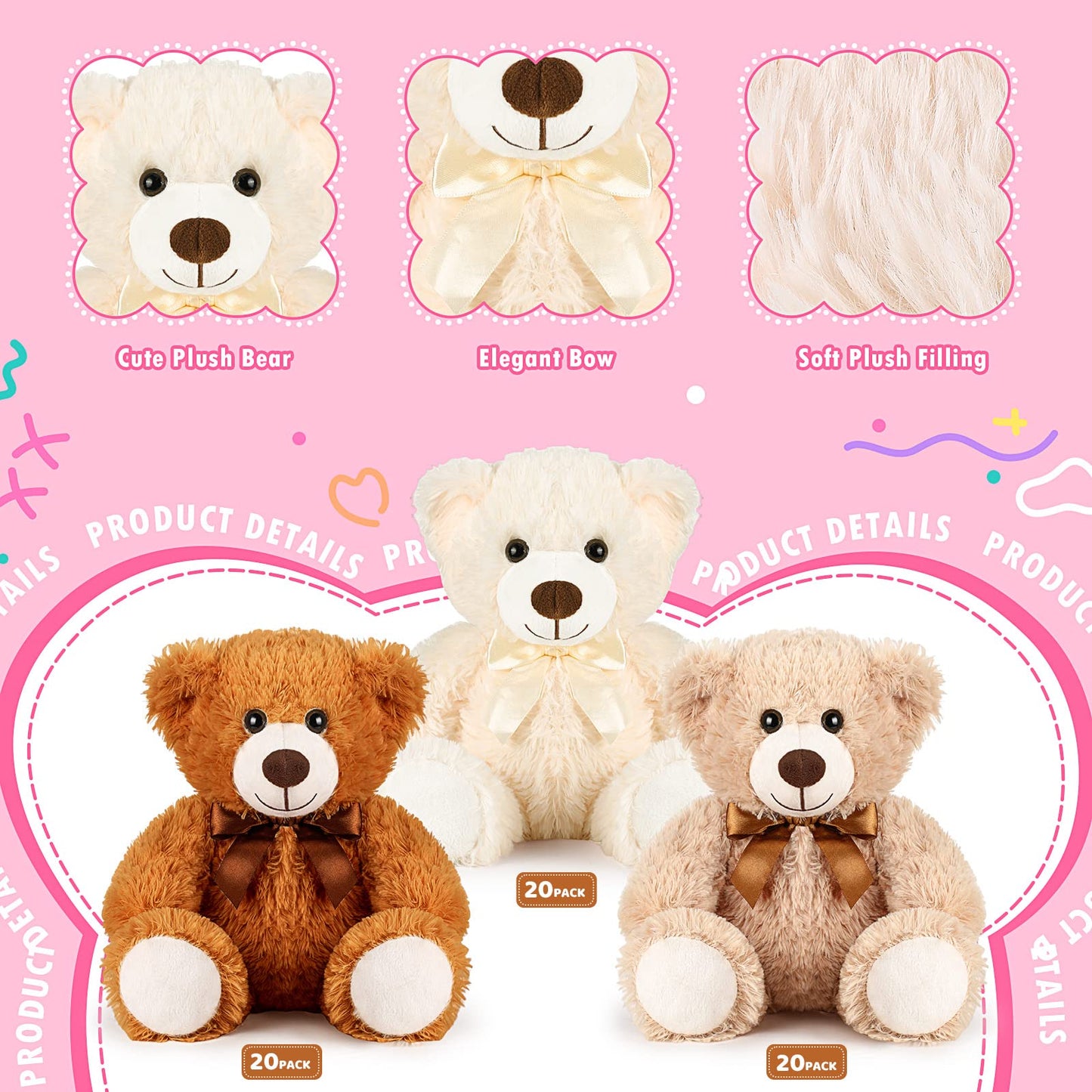 Sosation 60 Pcs 14 Inches Bear Bulk Stuffed Animals Plush Bear Cute Plush Toys Soft Bear Plush Dolls for Girlfriend Baby Shower Gender Reveal Graduation Wedding Birthday Party Bedroom Favors