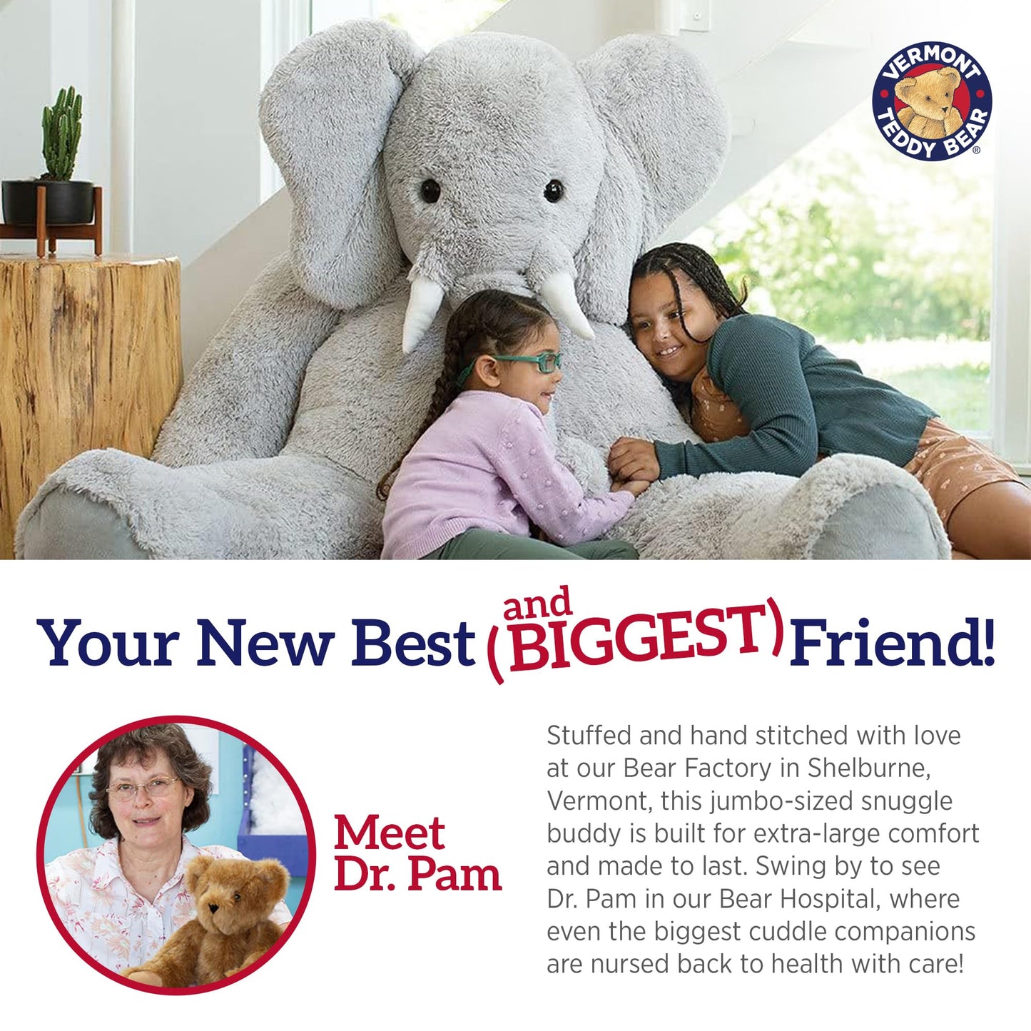 Vermont Teddy Bear Giant Elephant Stuffed Animal - Giant Stuffed Animals, 4 Foot, 48", 4 FT