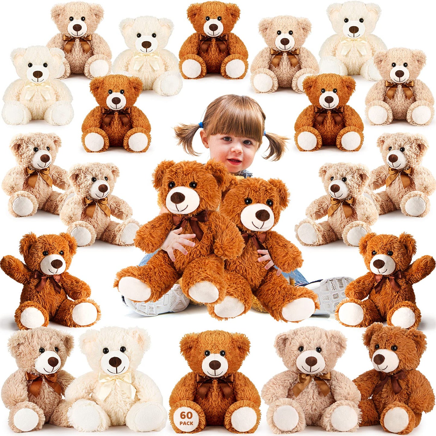 Sosation 60 Pcs 14 Inches Bear Bulk Stuffed Animals Plush Bear Cute Plush Toys Soft Bear Plush Dolls for Girlfriend Baby Shower Gender Reveal Graduation Wedding Birthday Party Bedroom Favors