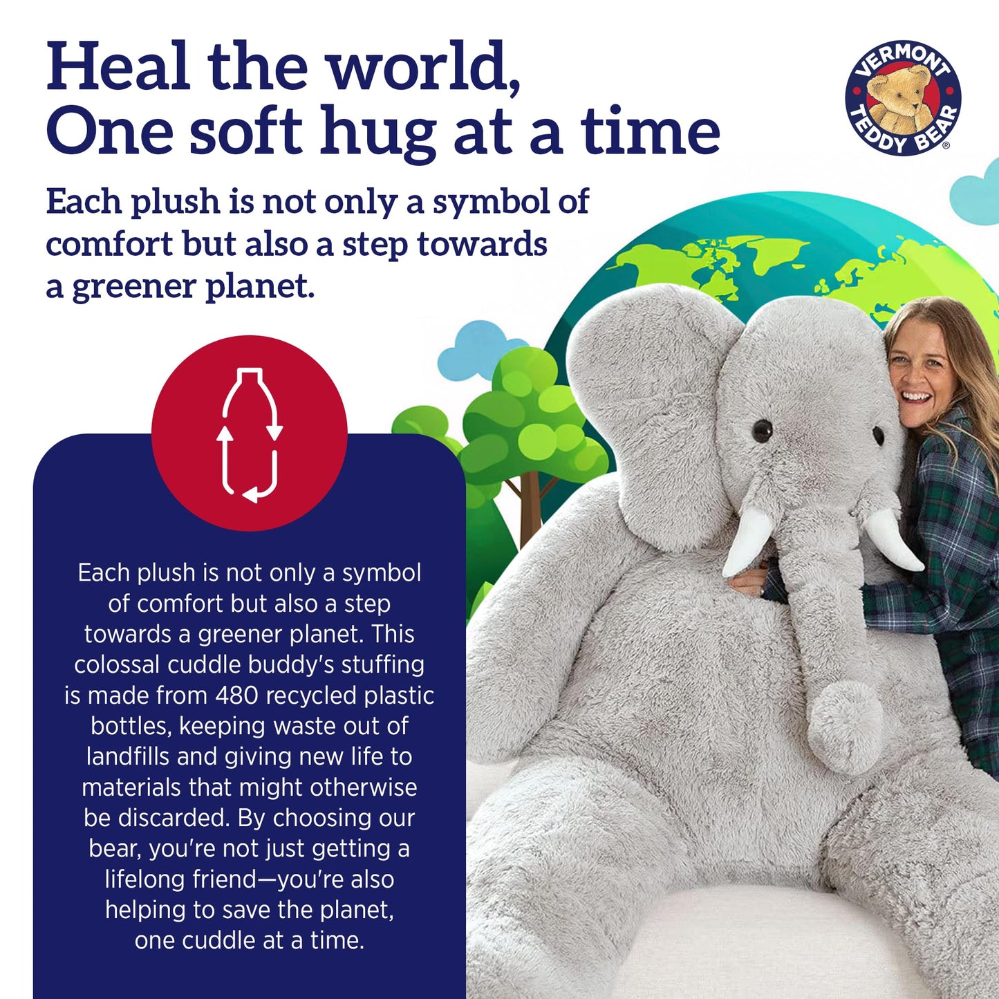 Vermont Teddy Bear Giant Elephant Stuffed Animal - Giant Stuffed Animals, 4 Foot, 48", 4 FT