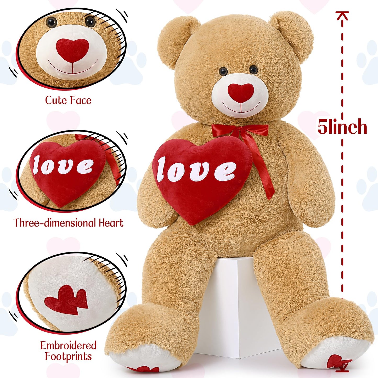 MorisMos Giant Teddy Bear Plush 5 Feet, Large Teddy Bears Stuffed Animals for Girlfriend Boyfriend, 5 Foot Life Size Bear Gifts for Valentine's Day, Baby Shower, Birthday