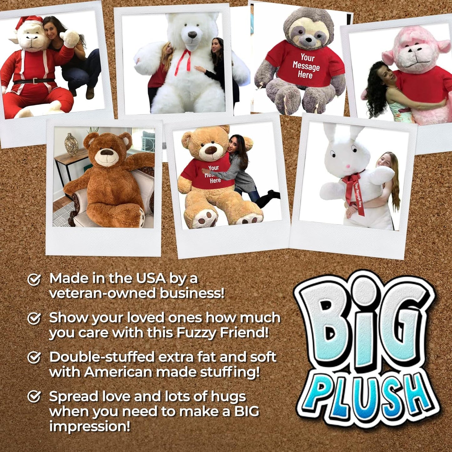 Big Plush 5ft Bear Dressed in Personalized Tshirt, Giant 5 Foot Teddy Bear Premium Soft, Customized with Your Message, Unique Impressive Gift for Birthday, Love or Any Event, Hand-Stuffed in The USA